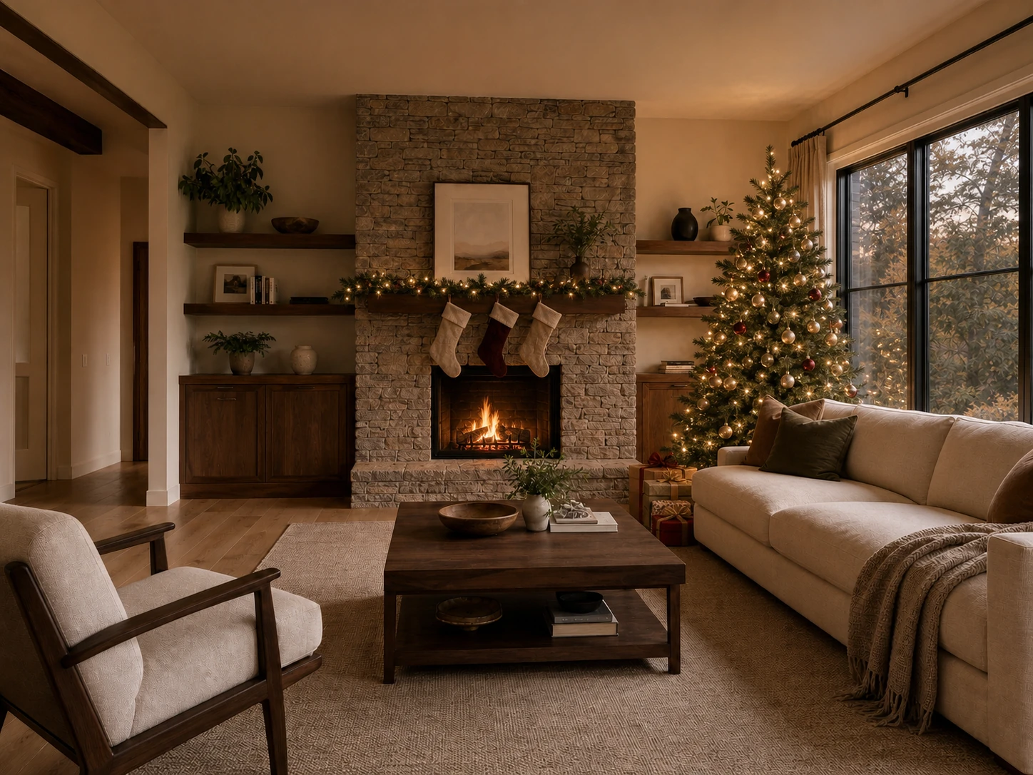 Living Room transformed with the Vizmuse AI Christmas photo generator