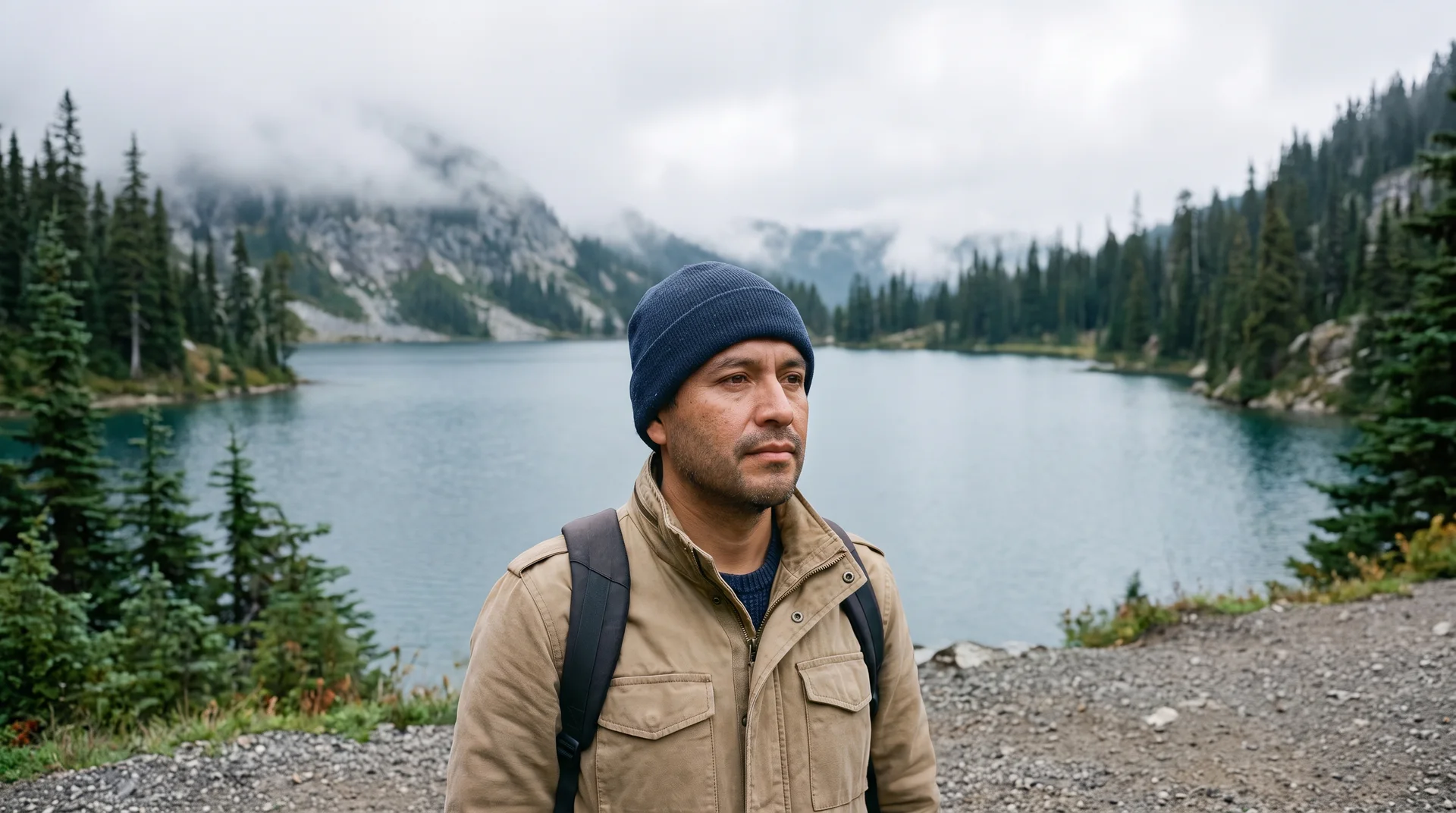 Hiker portrait expanded into a wide alpine lake scene