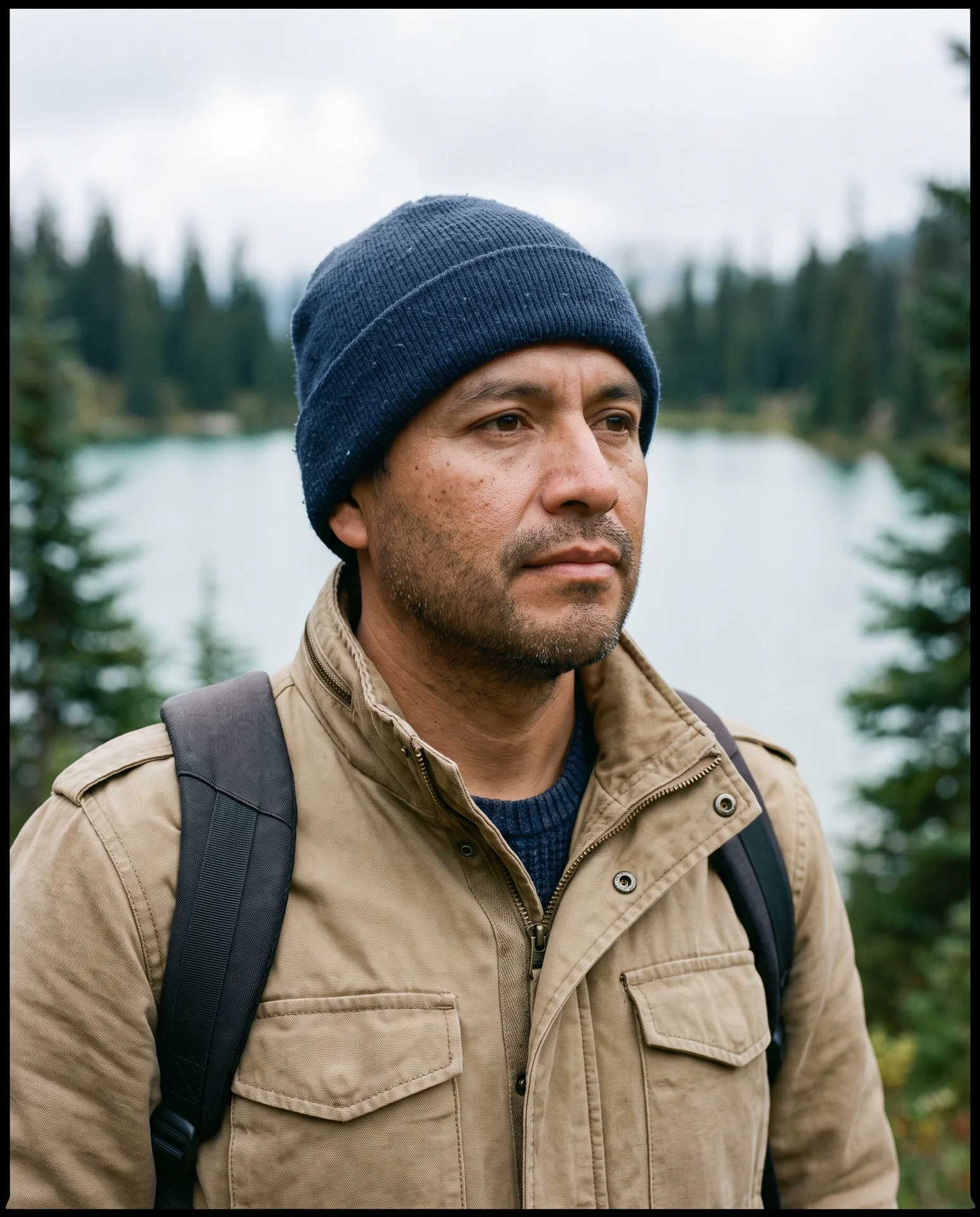 Tight alpine hiker portrait before expansion