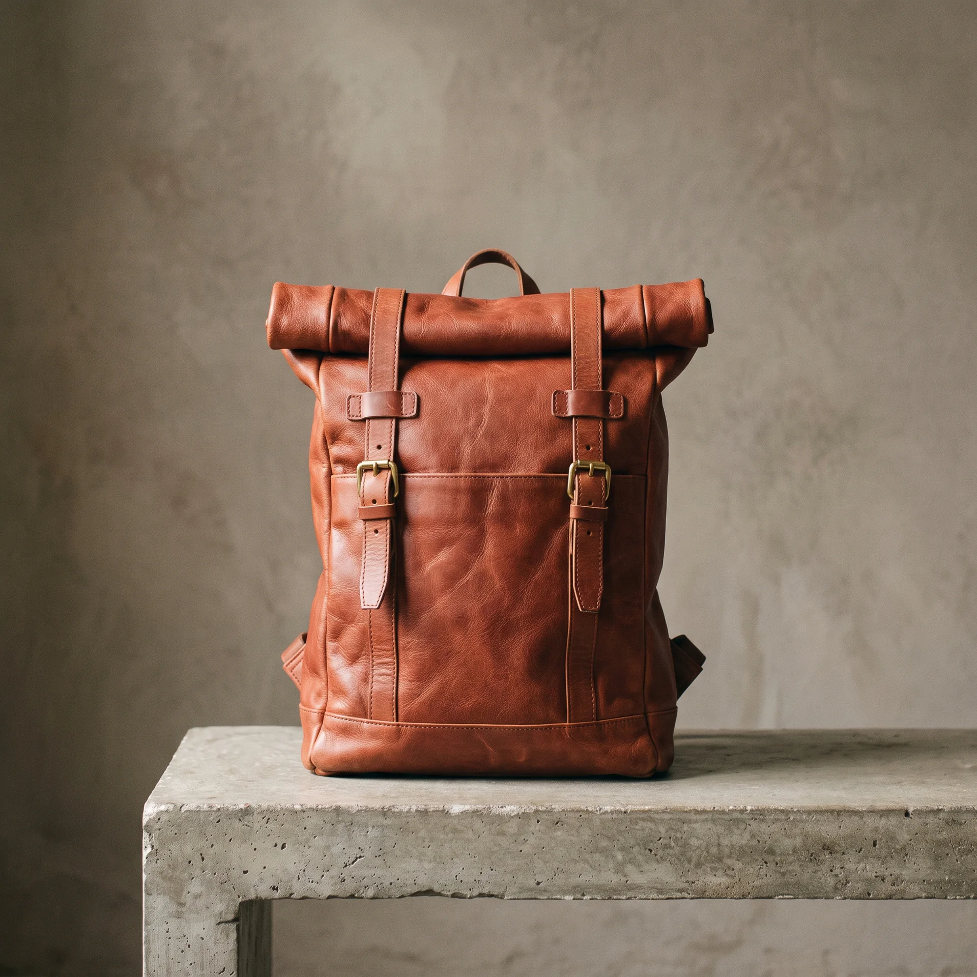 Square leather backpack product photo before expansion