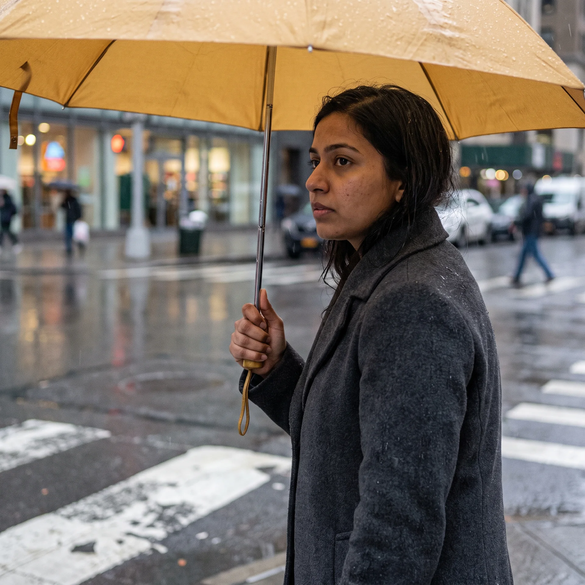 Square rainy-street portrait before vertical expansion