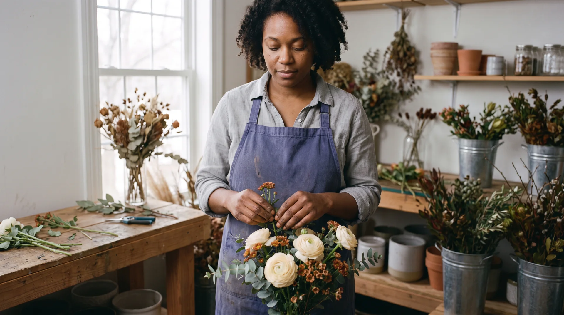 Florist portrait expanded into a wide working studio scene