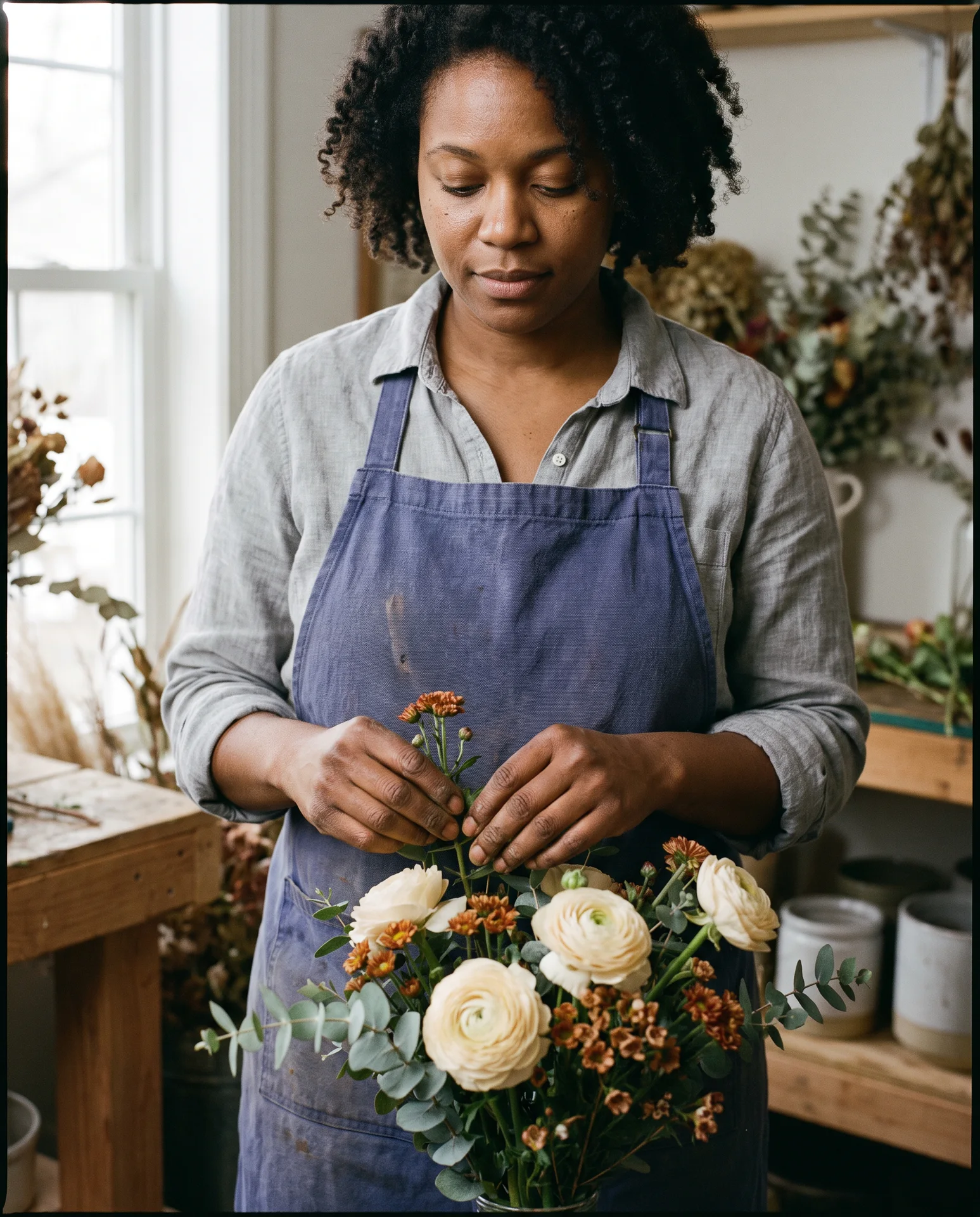 Tightly framed florist portrait before AI image expansion