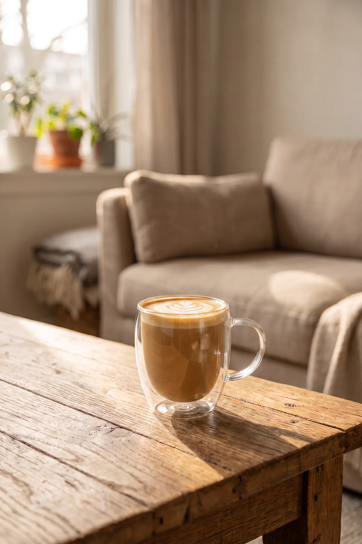 Transparent latte glass replacing the red ceramic mug on the same wooden coffee table