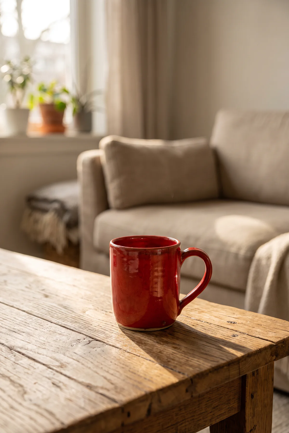 Original red ceramic mug on a sunlit wooden coffee table before AI object replacement