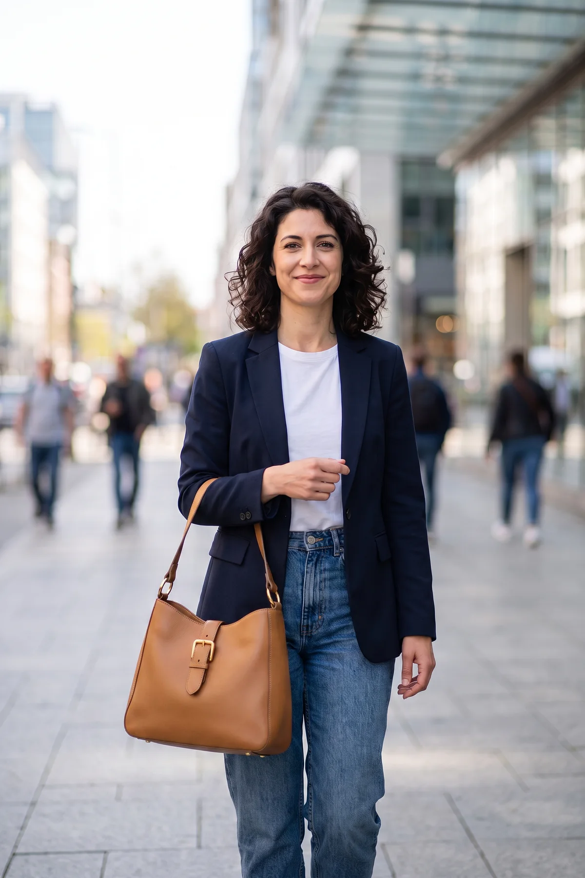 The same woman and pose with a tan leather shoulder bag after AI accessory replacement
