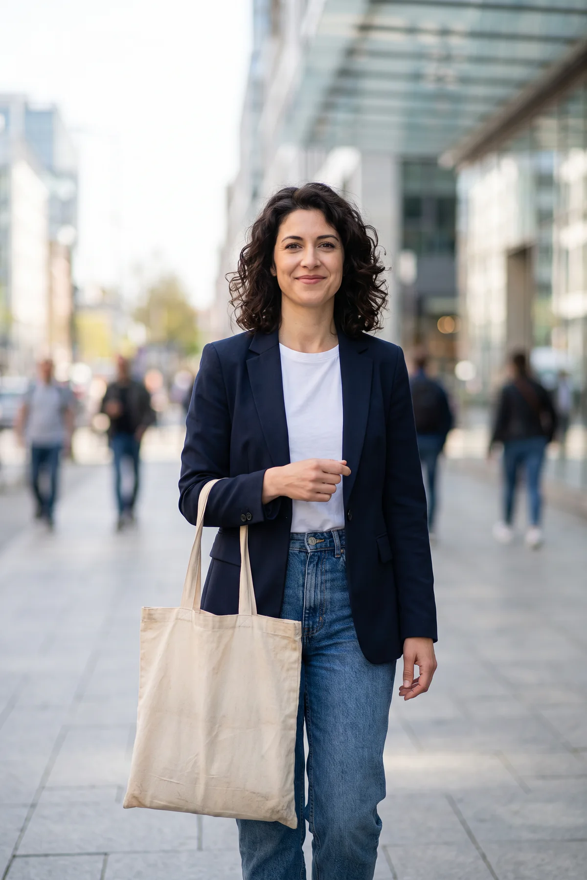 Street portrait with a plain canvas tote bag before AI accessory replacement