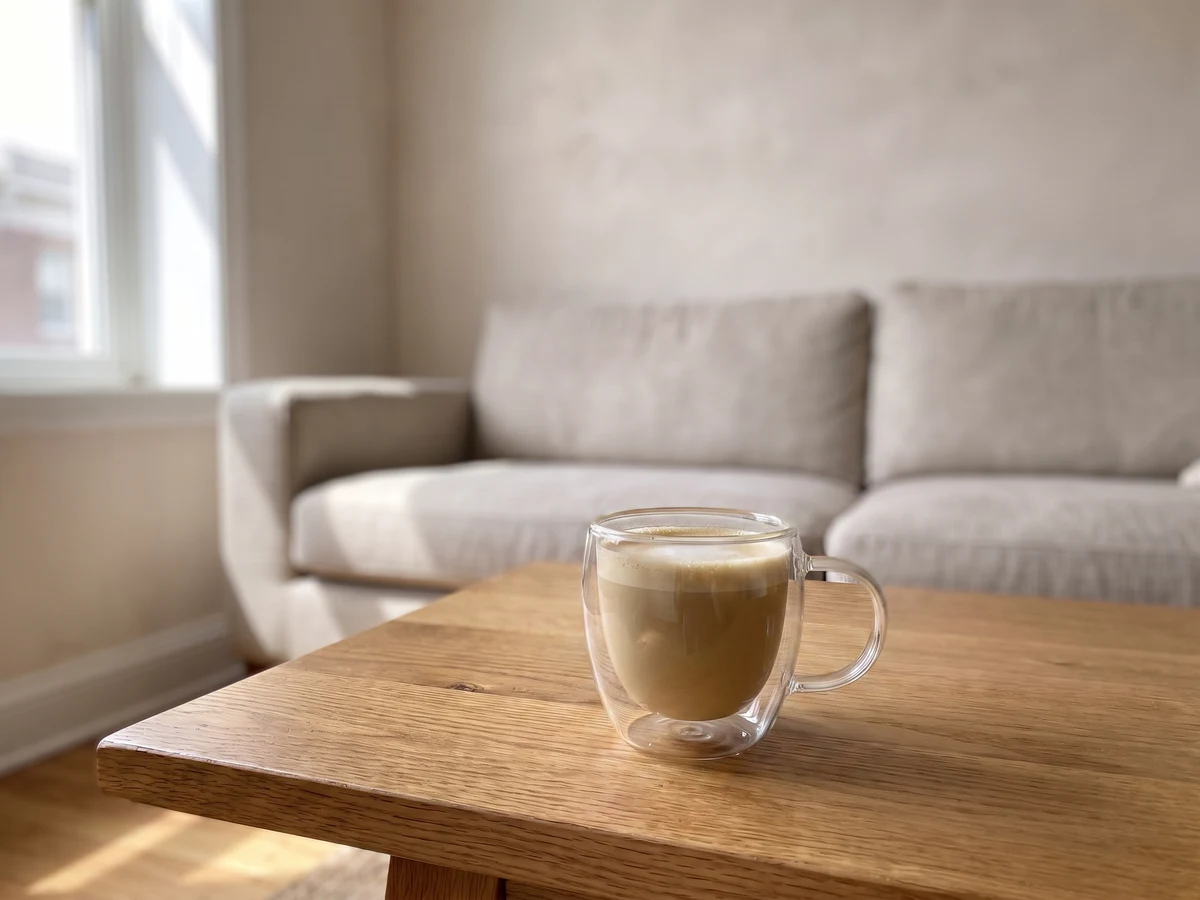Edited living room photo with a clear glass latte cup replacement