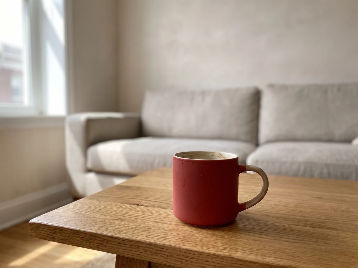 Original living room photo with a red ceramic coffee mug