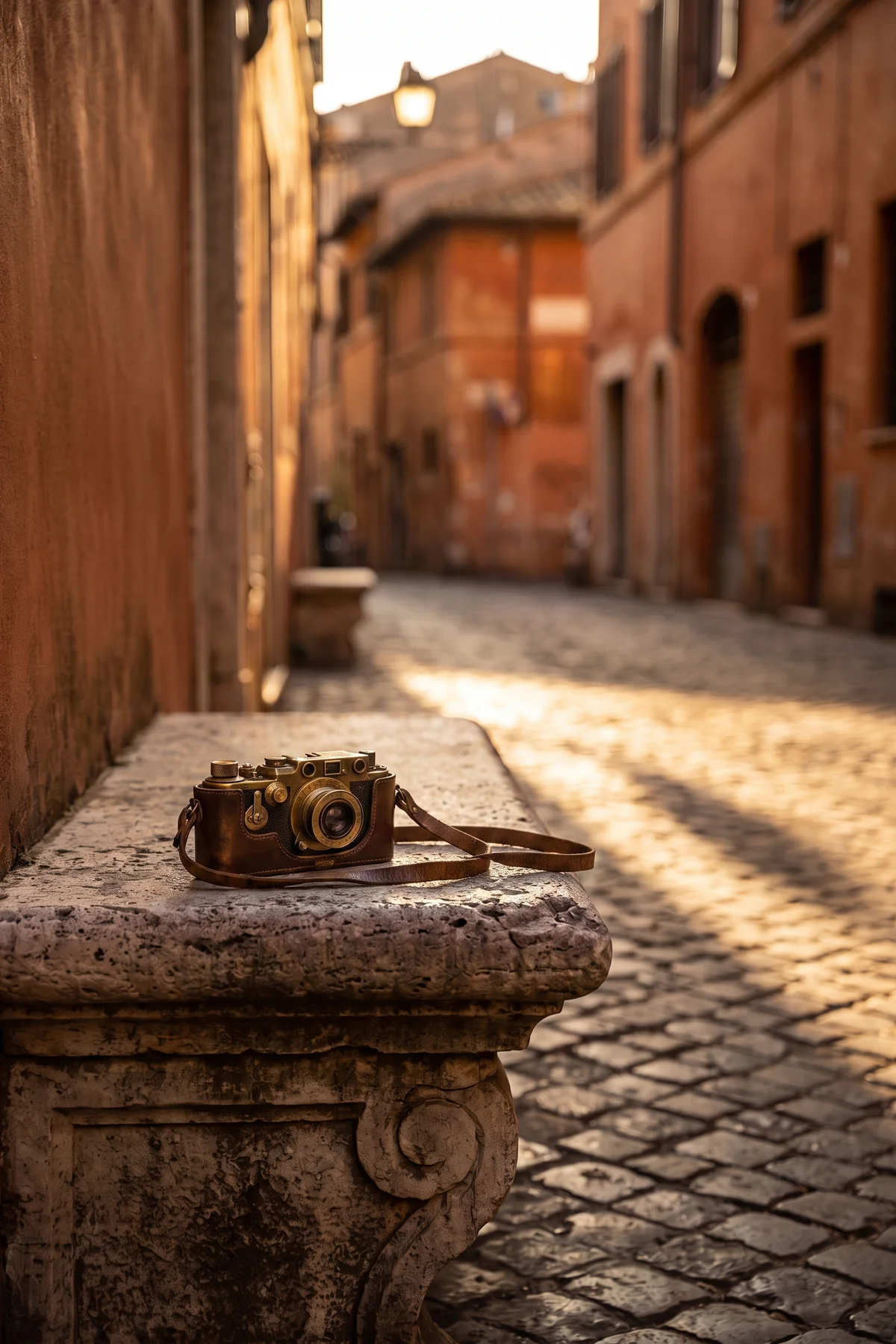 Vintage brass camera on the same Roman stone bench after AI object replacement