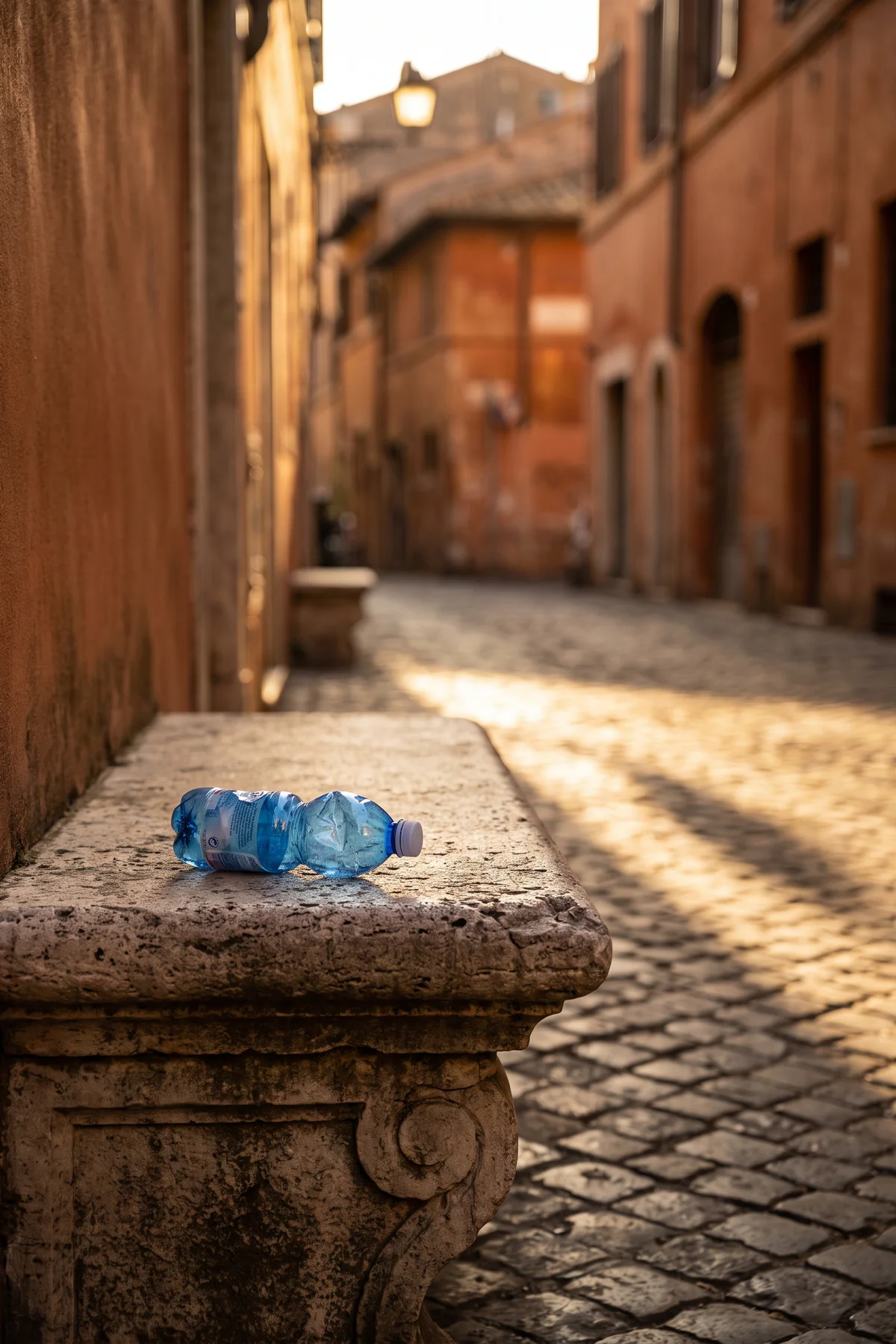 Blue plastic water bottle on a Roman stone bench before travel photo replacement
