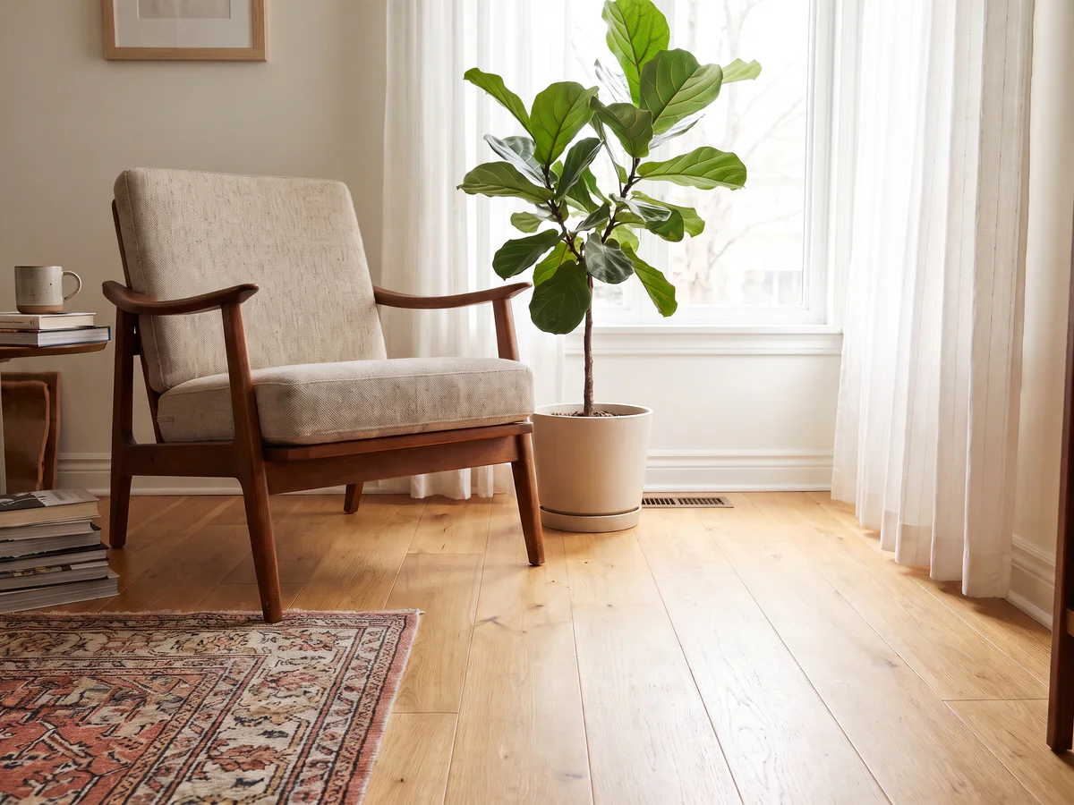Image object remover example showing living room floor completely free of power cords and clutter with reconstructed wood texture