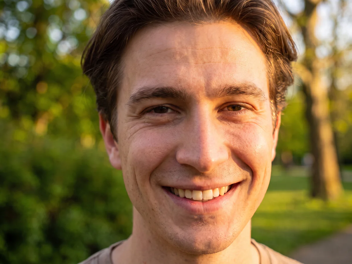 Retouched portrait photo with stray hair removed using AI object remover while preserving skin texture and lighting