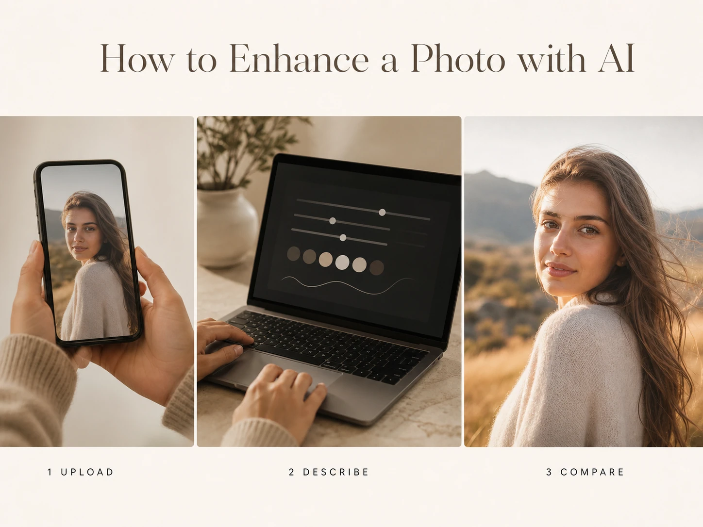 Three-step visual for enhancing a photo with AI