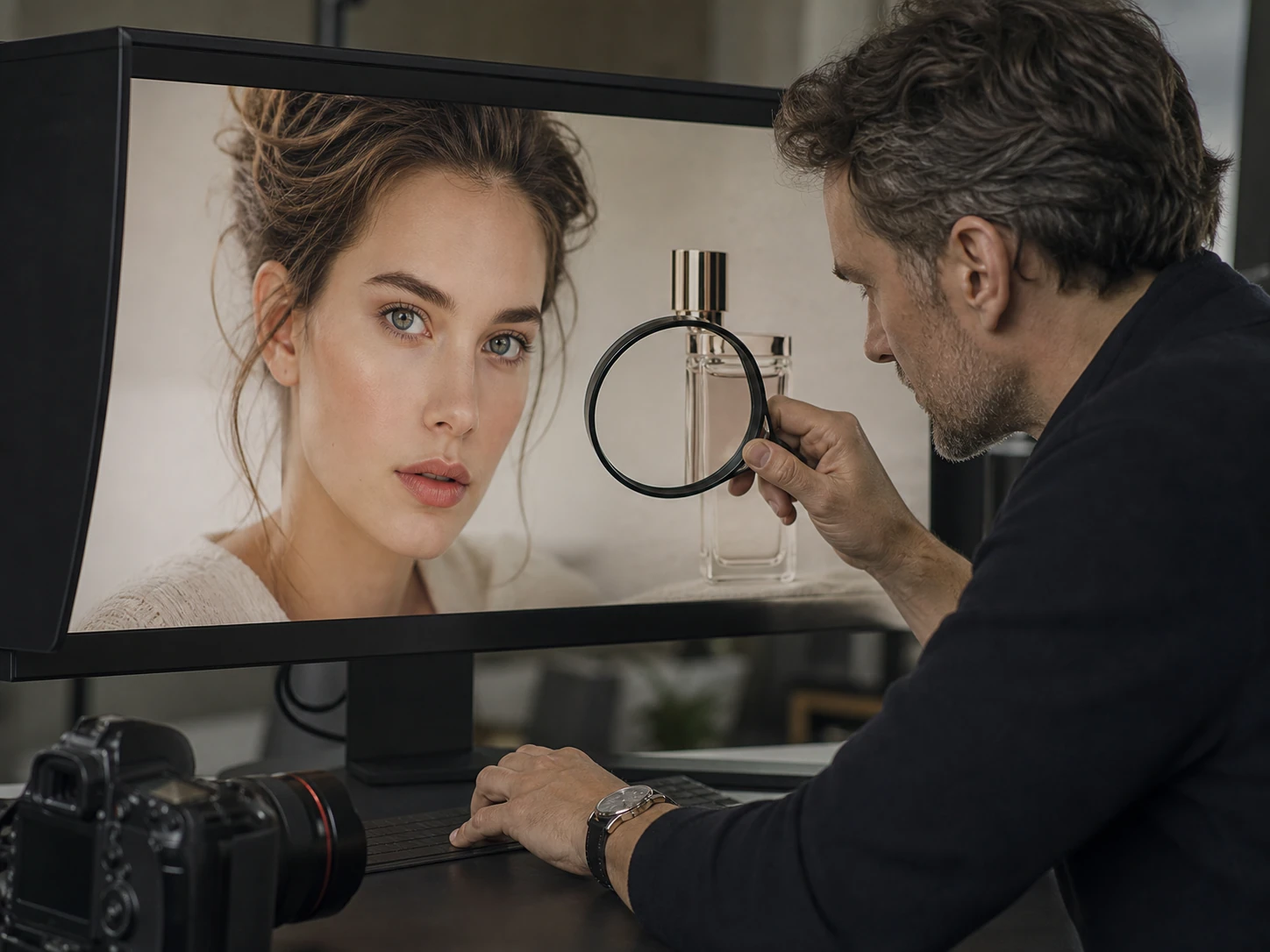 Retoucher inspecting image details to show AI photo enhancer limitations