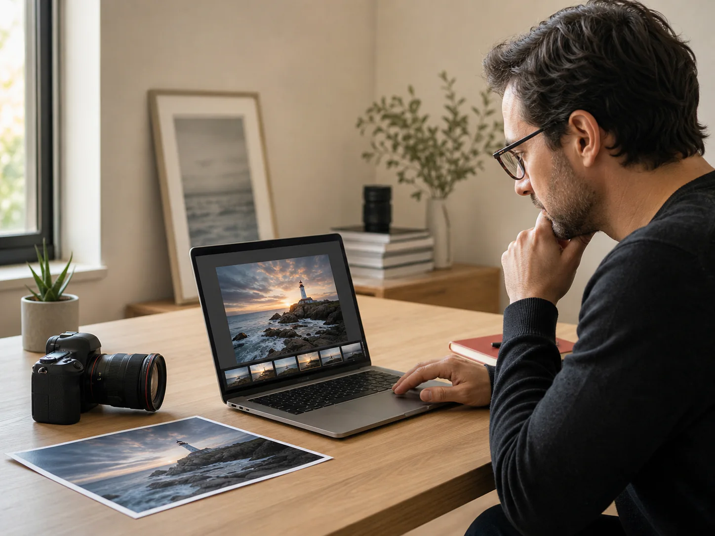 Photographer reviewing an AI-enhanced photo before publishing