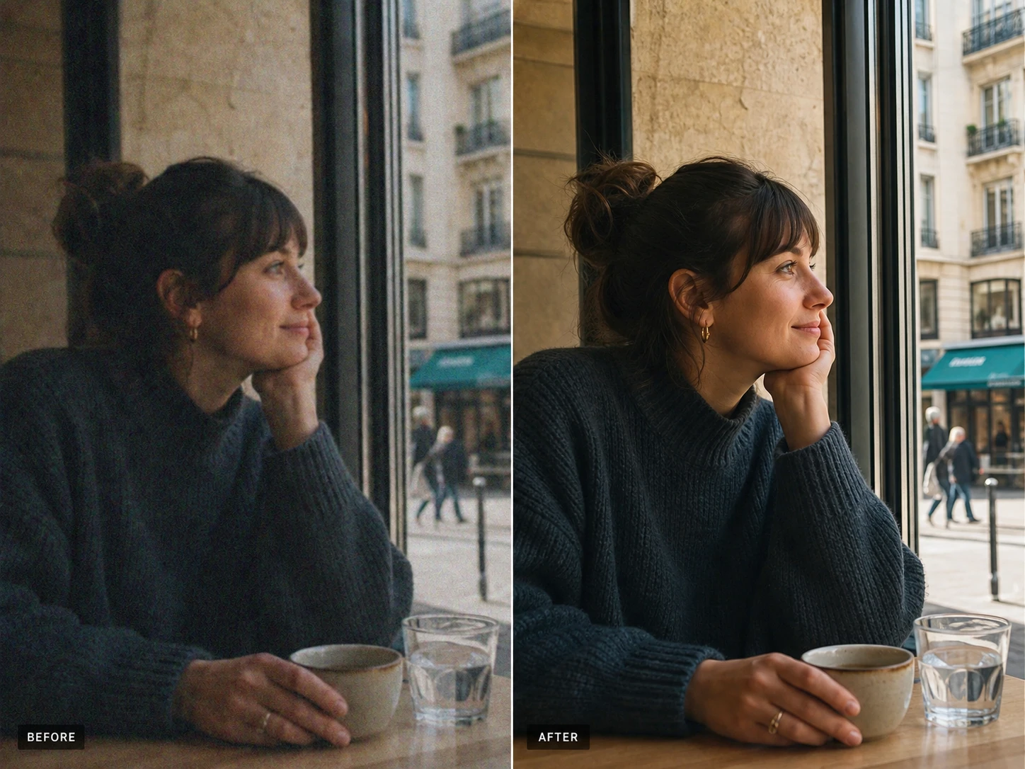Before and after visual showing what an AI photo enhancer improves