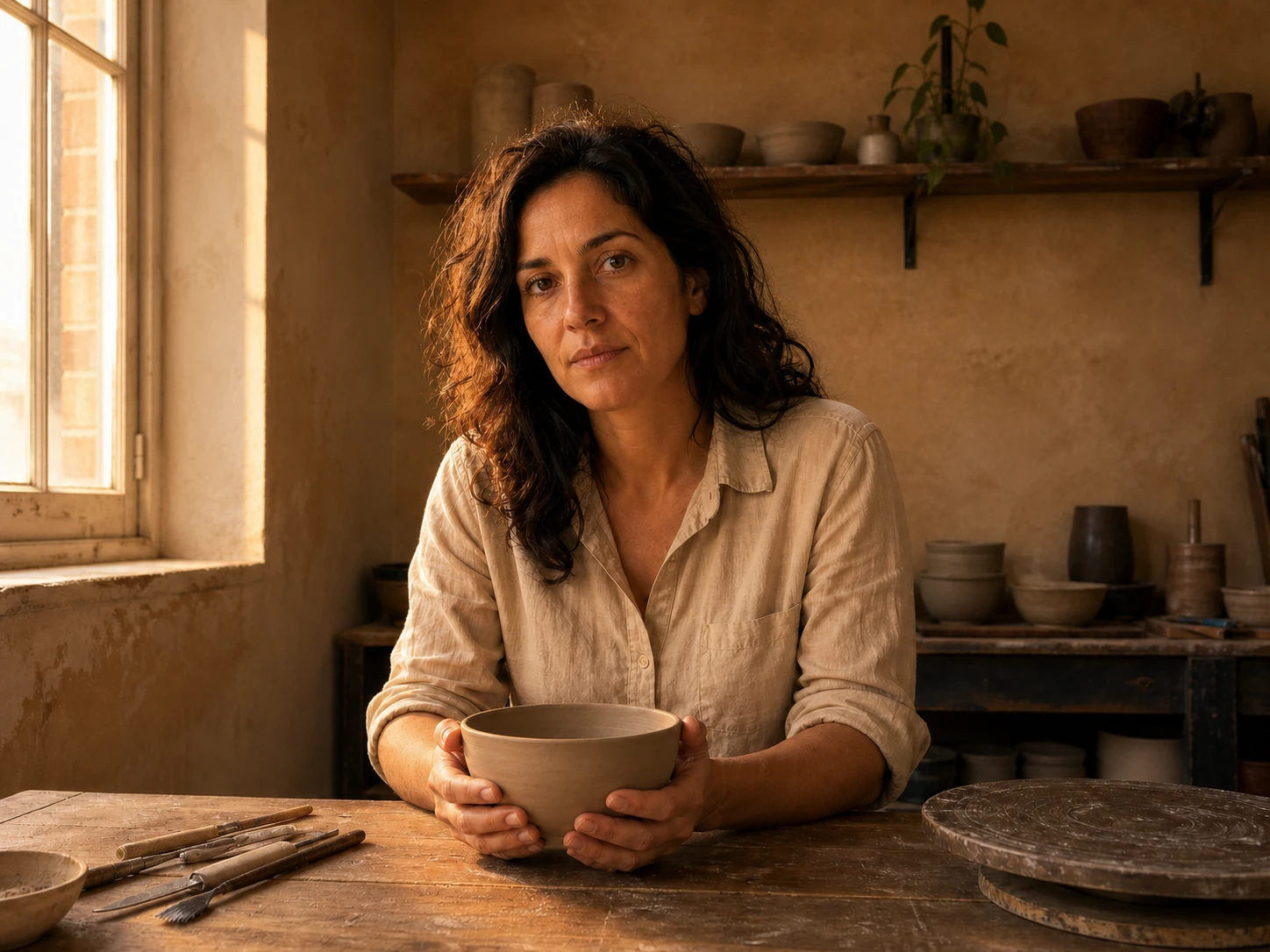 Same potter relit with realistic golden-hour window light