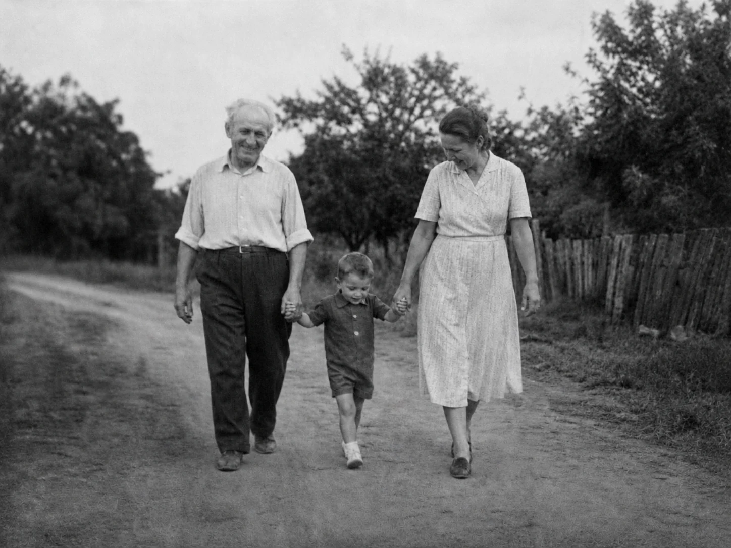 Black-and-white family photograph after restoration