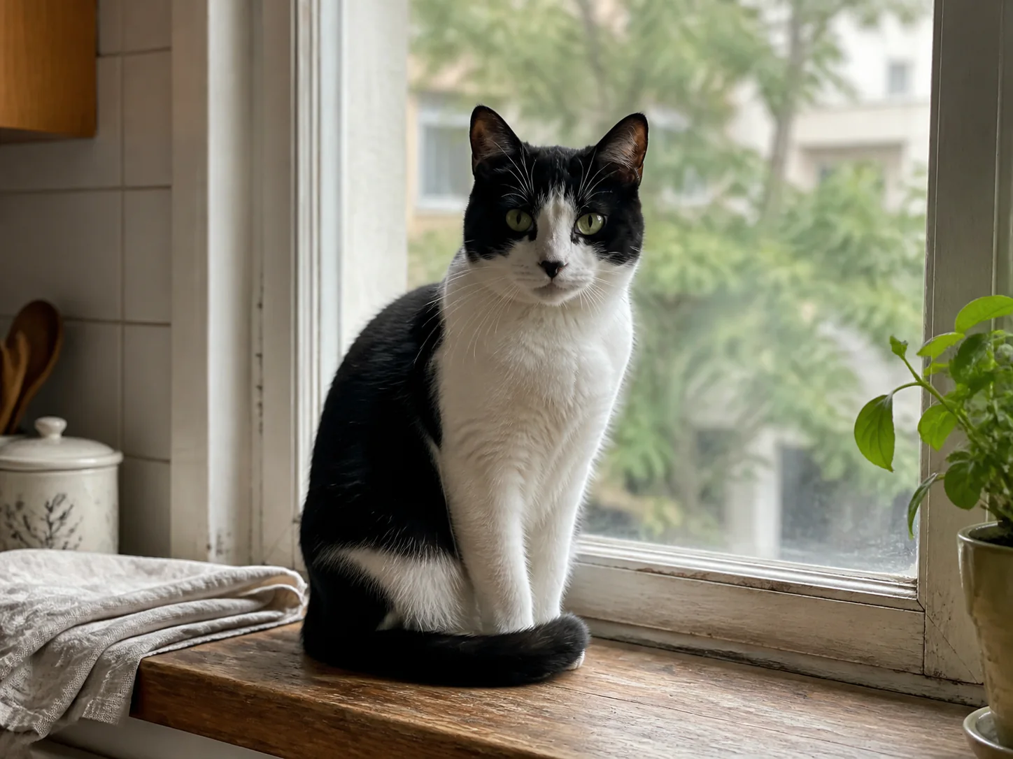 Black and white cat on a window sill before background removal