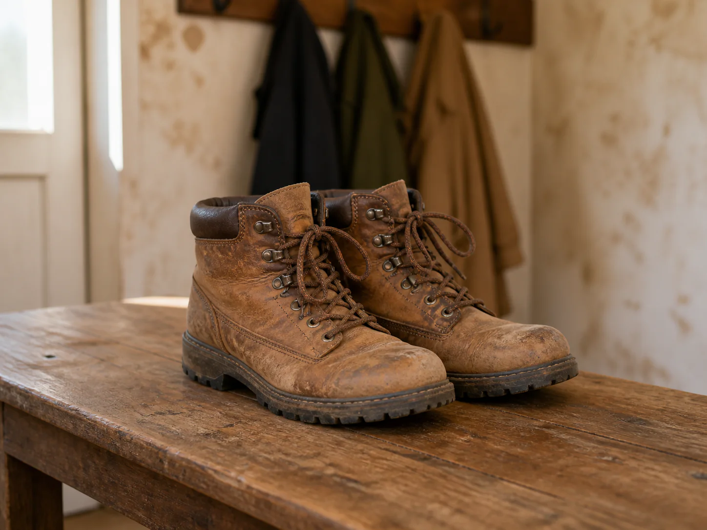 Worn tan hiking boots on a mudroom bench before background removal