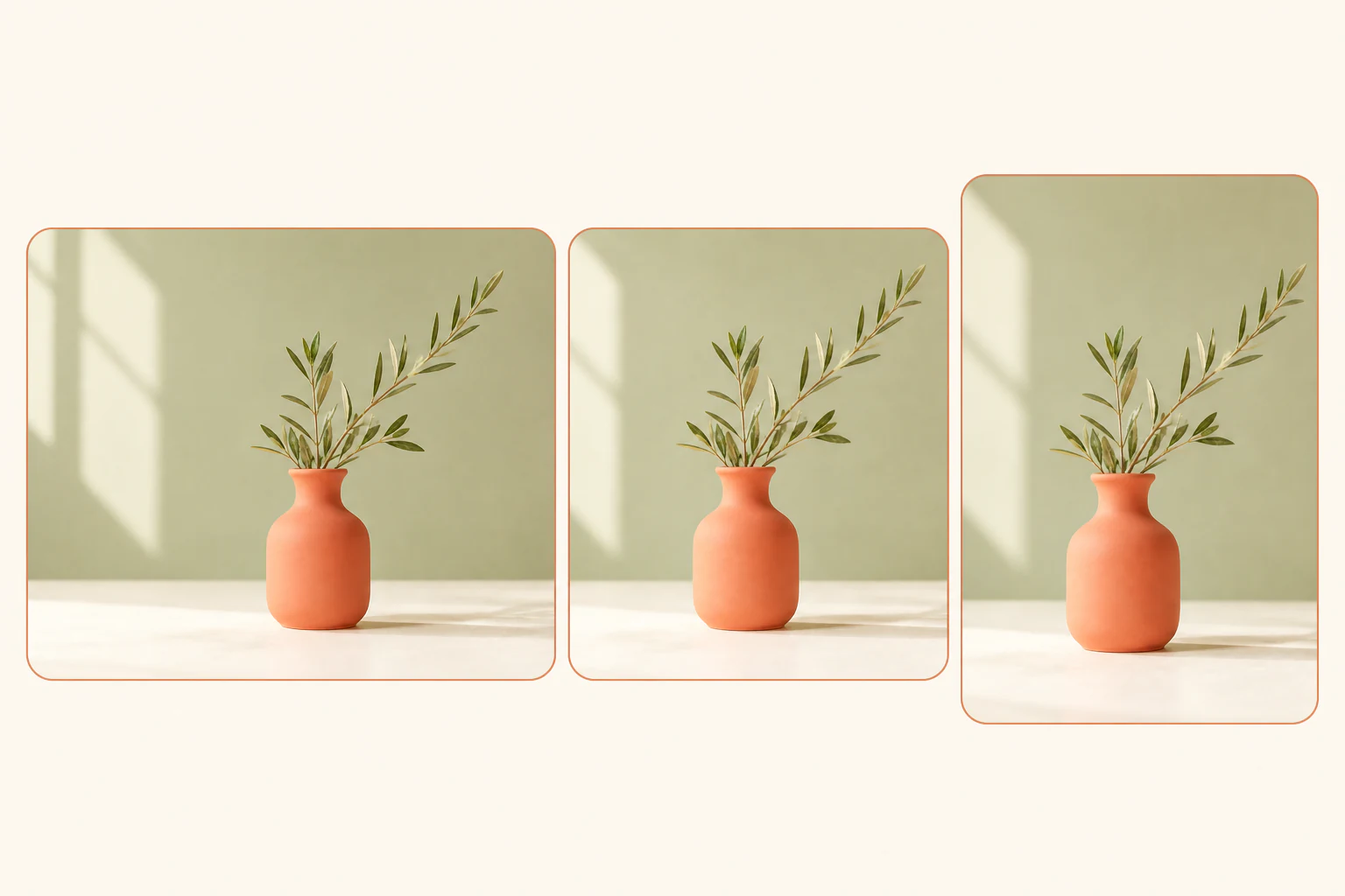 The same coral vase photo reframed into widescreen, square, and portrait crop compositions